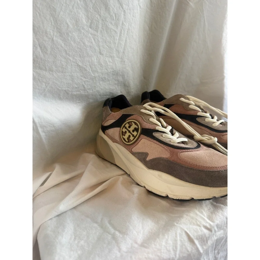 Tory Burch Good Luck Trainer Sneakers Pink Brown Suede Colorblock Logo Shoes